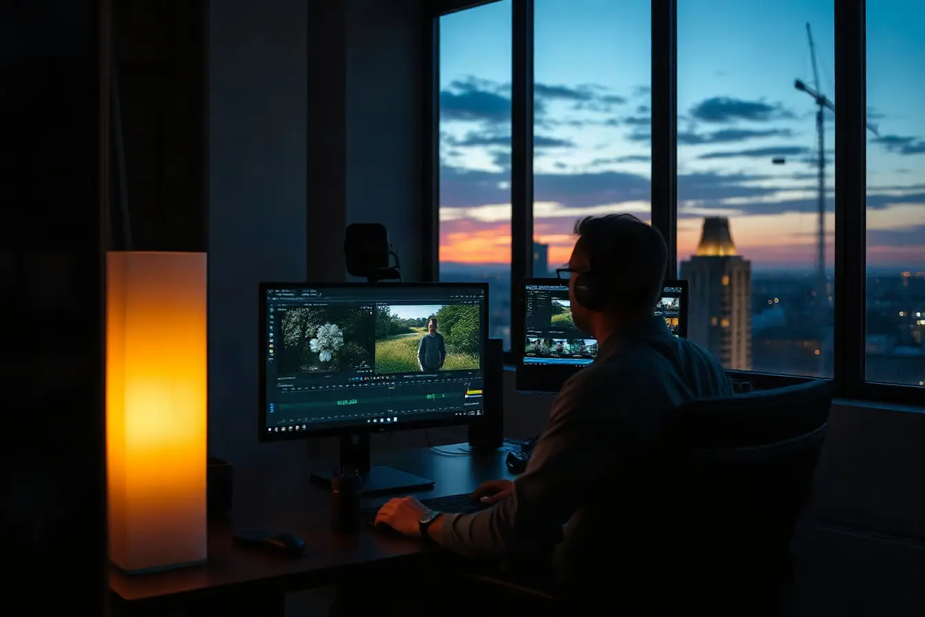 Post-production editing suite at dusk