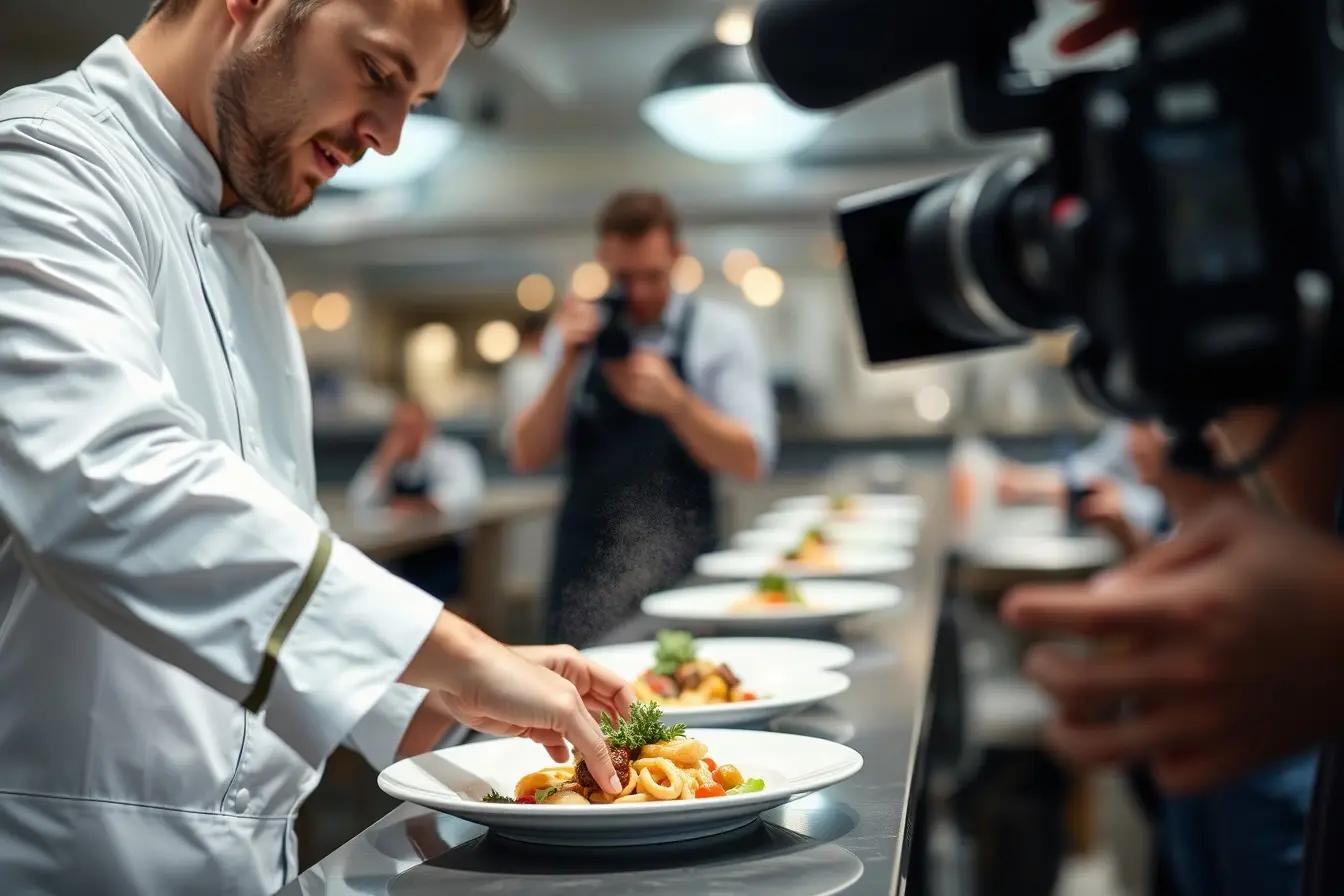 Chef plating a dish while a videographer captures a close-up