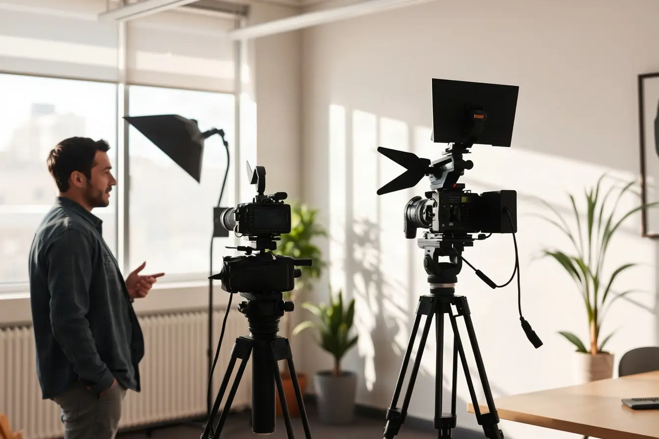 Small video crew filming a client interview in a Los Angeles office