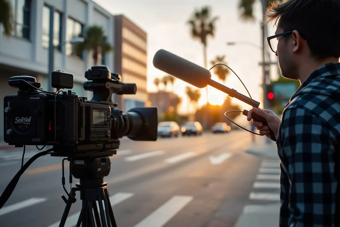 Video production crew working on a Los Angeles street